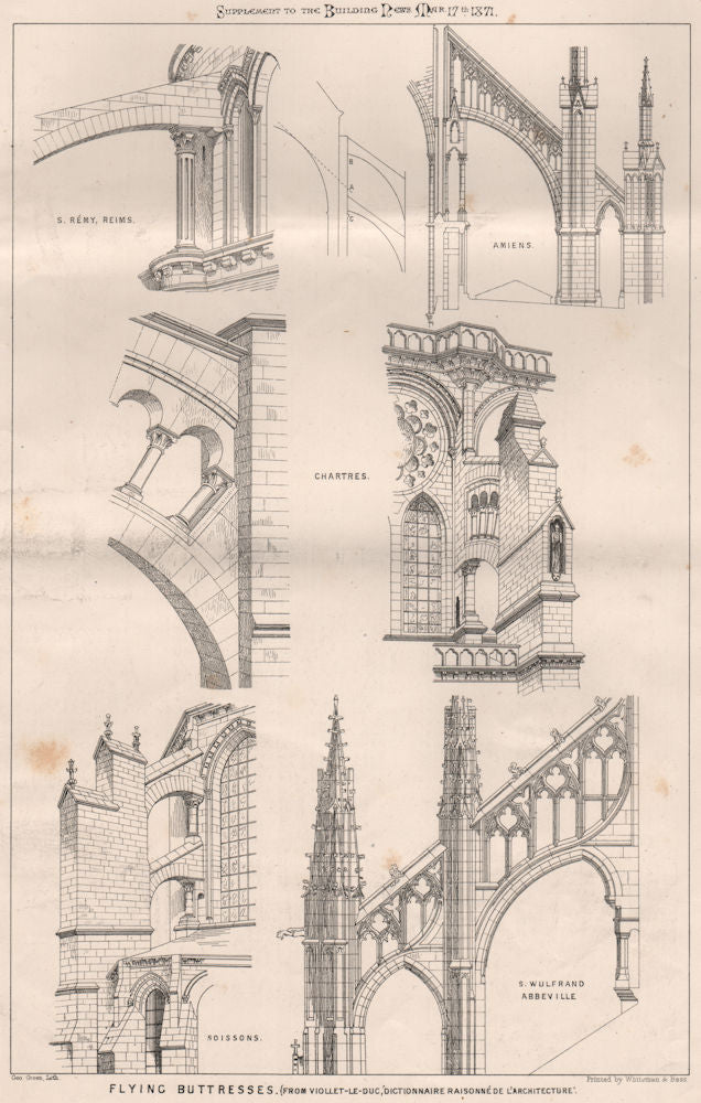 Flying Buttresses. (From Viollet-le-duc) 1871 old antique print picture